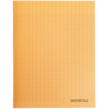 Piqûre 48 pages MAJUSCULE, format 17x22 cm, papier blanc 90g, seyès, couverture polypropylène orange