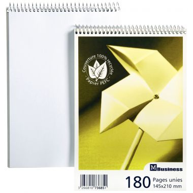 Bloc sténo à spirale BUSINESS 180 pages, format A5, papier blanc uni 60g