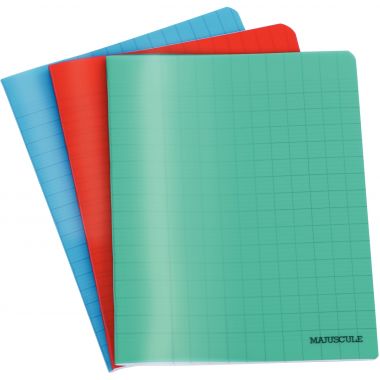 Cahier d'apprentissage MAJUSCULE 17x22 cm, piqûre 32 pages, double ligne 3mm IV, couverture PP rouge