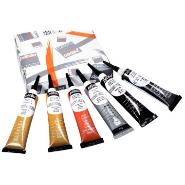 Boîte de 6 tubes à canule cerne relief 20 ml. Assortis : 2 or, noir, argent, cuivre, imitation plomb