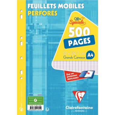 Etui de 250 feuillets mobiles, format A4, séyès, papier 90g, blanc