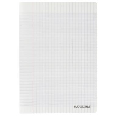 Piqûre 96 pages MAJUSCULE, format 17x22 cm, papier blanc 90g, seyès, couverture polypropylène incolore