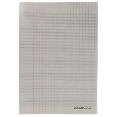 Piqûre 96 pages MAJUSCULE, format 17x22 cm, papier blanc 90g, seyès, couverture polypropylène gris