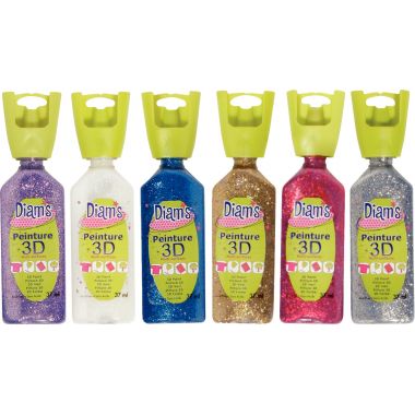 Assortiment de 6 flacons de 37ml de peinture pailletée DIAMS 6 couleurs assorties