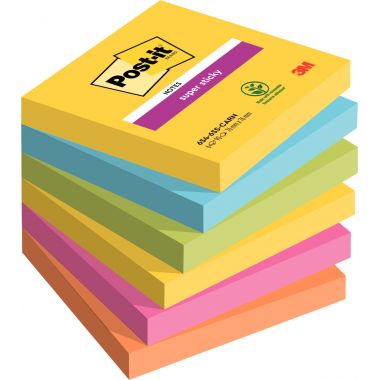 Paquet de 6 blocs de 90 feuilles Super Sticky post-it, 76 x  76 mm, couleurs CARNIVAL : Carnival : jaune soleil, turquoise, vert , rose néon et orange