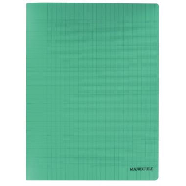 Piqûre 48 pages MAJUSCULE, format 24x32 cm, papier blanc 90g, seyès, couverture polypropylène vert