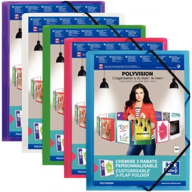Carton de 20 chemises 3 rabats à élastiques personnalisables POLYVISION en polypropylène, coloris assortis