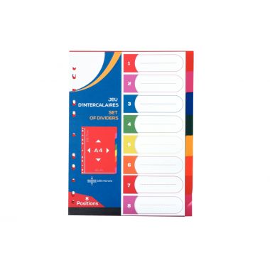 Jeu de 8 intercalaires en polypropylène coloré 12/100ème, format A4