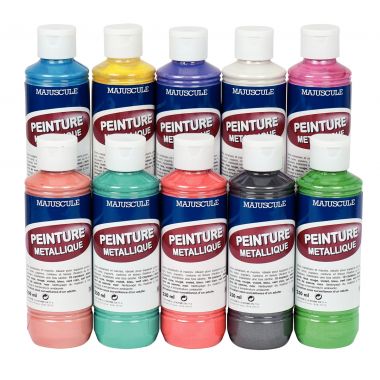 Boîte de 10 flacons de 250 ml de peinture acrylique métallique. 10 assortis