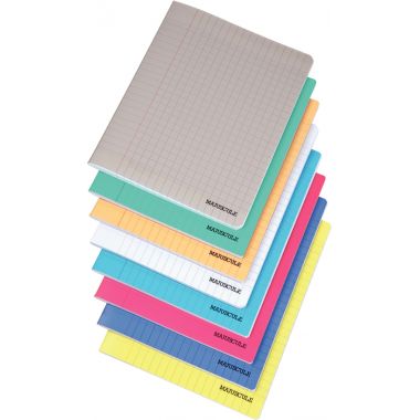 Piqûre 96 pages MAJUSCULE, format 17x22 cm, papier blanc 90g, seyès, couverture polypropylène jaune