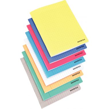 Piqûre 96 pages MAJUSCULE, format 17x22 cm, papier blanc 90g, seyès, couverture polypropylène jaune