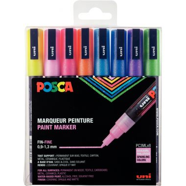 Posca - Pochette de 8 marqueurs Posca pointe fine pailletés - PC3ML/8AASS26