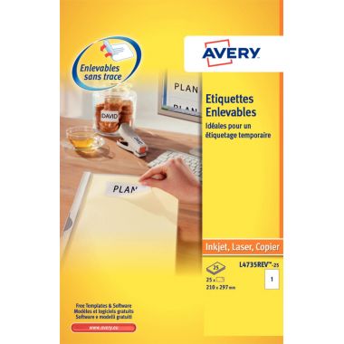 Avery - Pochette de 25 étiquettes blanches enlevables 297X210mm - L4735REV-25