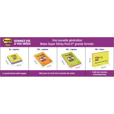 Paquet de 3 blocs notes Super Sticky lignées 70 feuilles, format : 101 x 101 mm coloris jaune