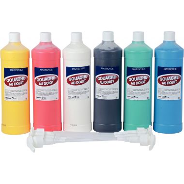Lot de 6 Flacons 1L de gouache aux doigts + 6 pompes