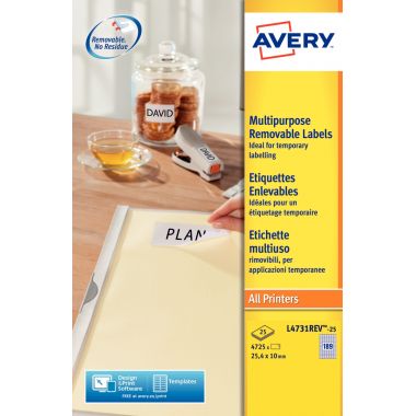 Avery - Pochette de 4725 étiquettes blanches enlevables 25,4X10mm - L4731REV-25