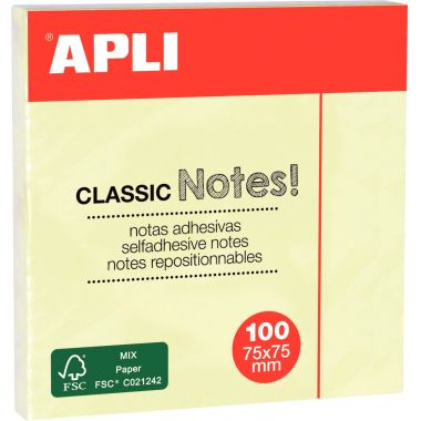 Bloc de 100 feuilles notes adhésives repositionnables, 75 x 75 mm, coloris jaune