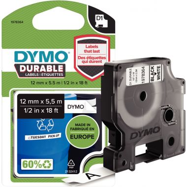 Recharge DYMO D1 12 mm x 5,5 m impression noire support blanc