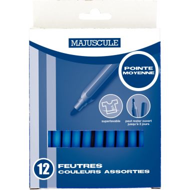 Pochette de 12 feutres Majuscule pointe moyenne bleu clair