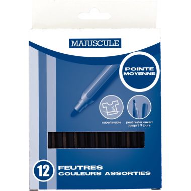Pochette de 12 feutres Majuscule pointe moyenne noir