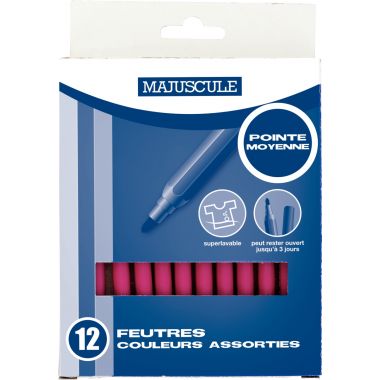 Pochette de 12 feutres Majuscule pointe moyenne rose