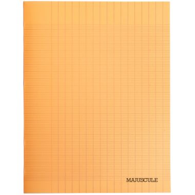 Piqûre 48 pages MAJUSCULE, format 24x32 cm, papier blanc 90g, seyès, couverture polypropylène orange