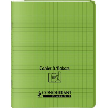 Piqûre 96 pages avec 2 rabats, format 17x22 cm, seyès 90g, couverture polypropylène vert